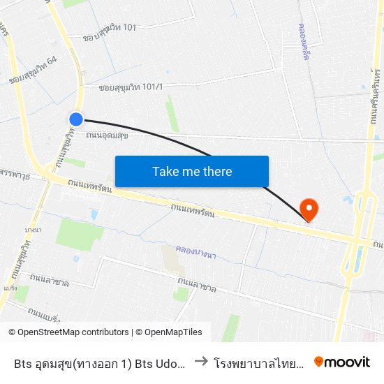 Bts อุดมสุข(ทางออก 1) Bts Udomsuk (Exit 1) to โรงพยาบาลไทยนครินทร์ map
