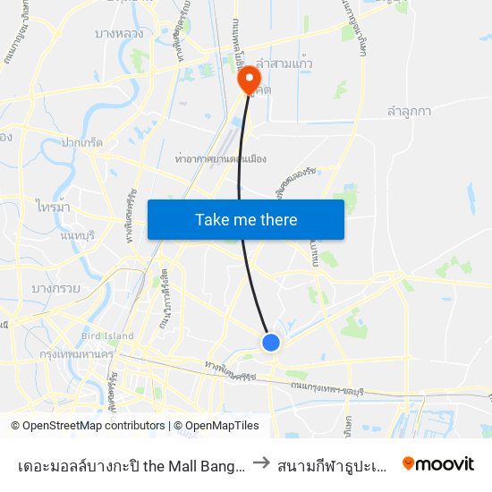 เดอะมอลล์บางกะปิ the Mall Bangkapi to สนามกีฬาธูปะเตมีย์ map