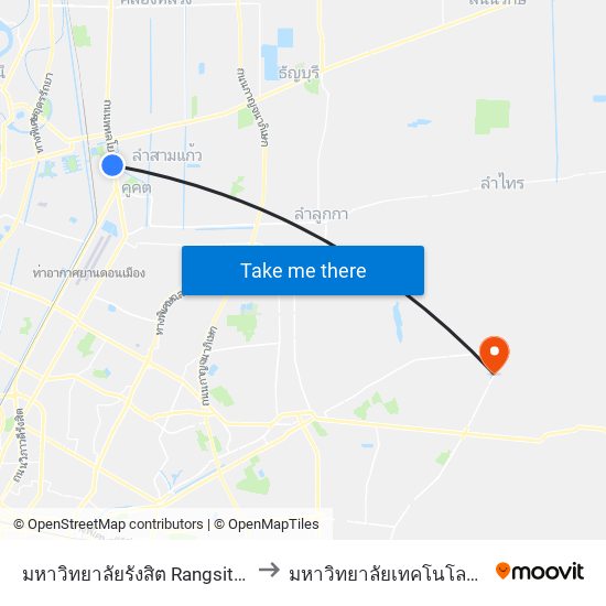 มหาวิทยาลัยรังสิต Rangsit University to มหาวิทยาลัยเทคโนโลยีมหานคร map
