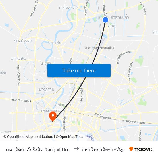 มหาวิทยาลัยรังสิต Rangsit University to มหาวิทยาลัยราชภัฏธนบุรี map