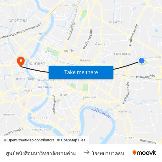 ศูนย์หนังสือมหาวิทยาลัยรามคำแหง to โรงพยาบาลธนบุรี map