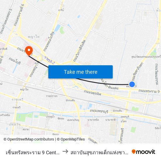 เซ็นทรัลพระราม 9 Central Rama 9 to สถาบันสุขภาพเด็กแห่งชาติมหาราชินี map