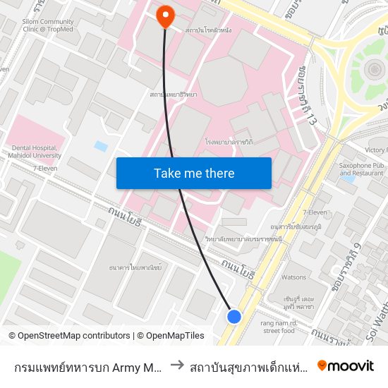 กรมแพทย์ทหารบก Army Medical Department to สถาบันสุขภาพเด็กแห่งชาติมหาราชินี map