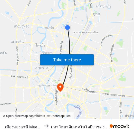 เมืองทองธานี Mueang Thong Thani to มหาวิทยาลัยเทคโนโลยีราชมงคล วิทยาเขตอุเทนถวาย map