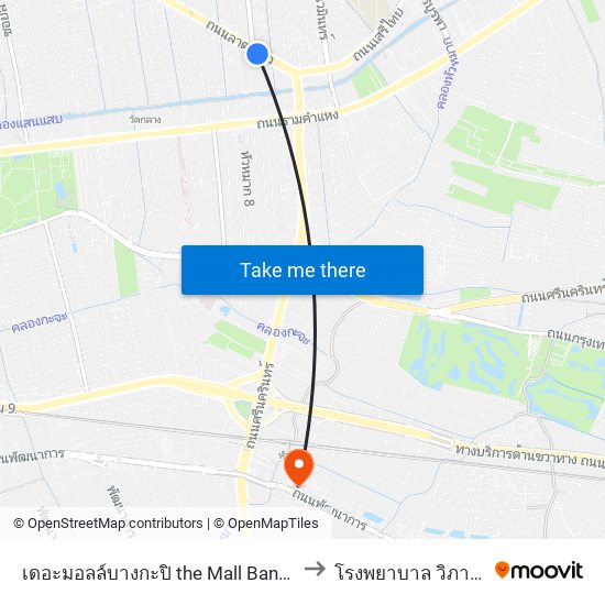 เดอะมอลล์บางกะปิ the Mall Bangkapi to โรงพยาบาล วิภาราม map