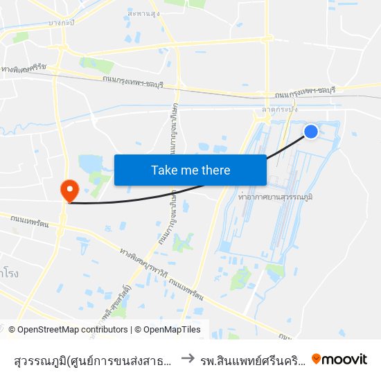 สุวรรณภูมิ(ศูนย์การขนส่งสาธารณะ) to รพ.สินแพทย์ศรีนครินทร์ map