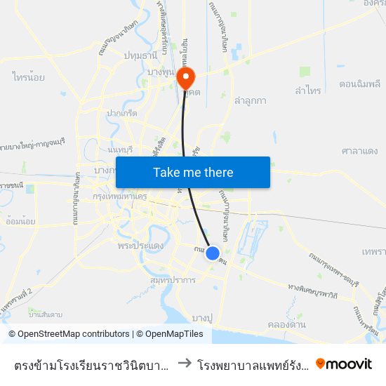 ตรงข้ามโรงเรียนราชวินิตบางแก้ว Opposite Ratwinit Bangkaeo School to โรงพยาบาลแพทย์รังสิต (Rangsit General Hospital) map