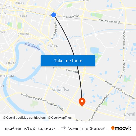 ตรงข้ามการไฟฟ้านครหลวงเขตบางกะปิ to โรงพยาบาลสินแพทย์ เทพารักษ์ map