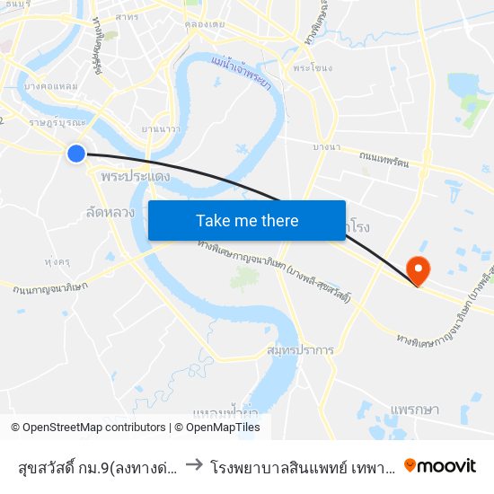 สุขสวัสดิ์ กม.9(ลงทางด่วน) to โรงพยาบาลสินแพทย์ เทพารักษ์ map