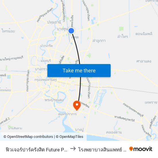 ฟิวเจอร์ปาร์ครังสิต Future Park Rangsit to โรงพยาบาลสินแพทย์ เทพารักษ์ map