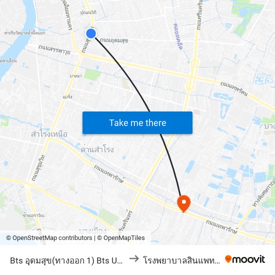 Bts อุดมสุข(ทางออก 1) Bts Udomsuk (Exit 1) to โรงพยาบาลสินแพทย์ เทพารักษ์ map