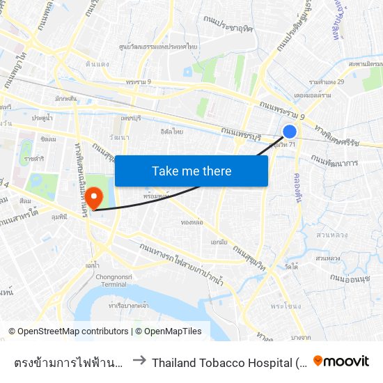 ตรงข้ามการไฟฟ้านครหลวงเขตบางกะปิ to Thailand Tobacco Hospital (โรงพยาบาลโรงงานยาสูบ) map