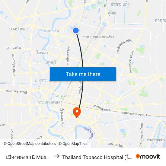 เมืองทองธานี Mueang Thong Thani to Thailand Tobacco Hospital (โรงพยาบาลโรงงานยาสูบ) map