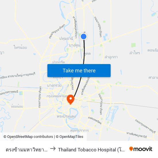 ตรงข้ามมหาวิทยาลัยกรุงเทพรังสิต to Thailand Tobacco Hospital (โรงพยาบาลโรงงานยาสูบ) map