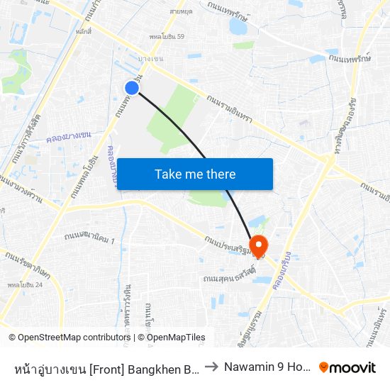 หน้าอู่บางเขน [Front] Bangkhen Bus Depot to Nawamin 9 Hospital map