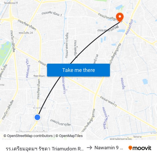 รร.เตรียมอุดมฯ รัชดา Triamudom Ratchada School to Nawamin 9 Hospital map