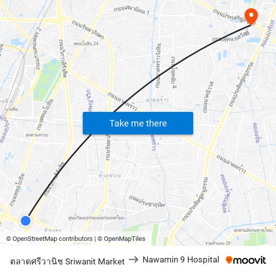 ตลาดศรีวานิช Sriwanit Market to Nawamin 9 Hospital map