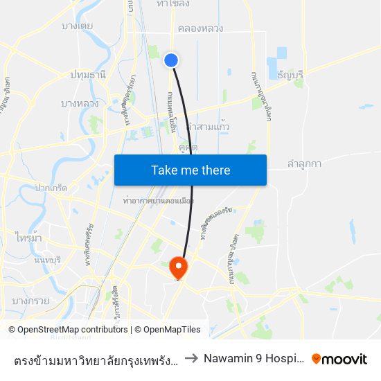 ตรงข้ามมหาวิทยาลัยกรุงเทพรังสิต to Nawamin 9 Hospital map