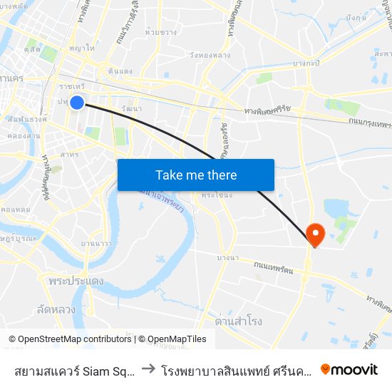 สยามสแควร์ Siam Square to โรงพยาบาลสินแพทย์ ศรีนครินทร์ map