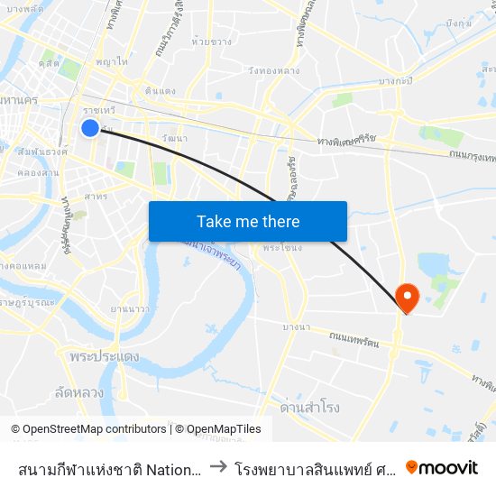 สนามกีฬาแห่งชาติ National Stadium to โรงพยาบาลสินแพทย์ ศรีนครินทร์ map