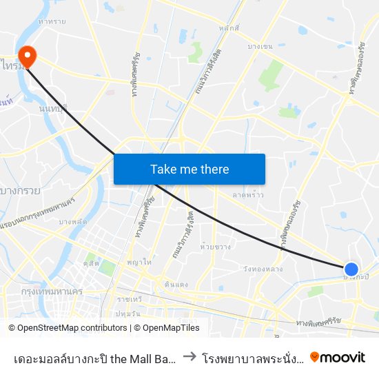 เดอะมอลล์บางกะปิ the Mall Bangkapi to โรงพยาบาลพระนั่งเกล้า map