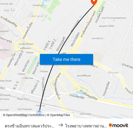 ตรงข้ามอินทราสแควร์ประตูน้ำ to โรงพยาบาล​ทหารผ่านศึก​ map