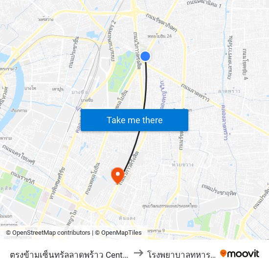 ตรงข้ามเซ็นทรัลลาดพร้าว  Central Ladprao to โรงพยาบาล​ทหารผ่านศึก​ map