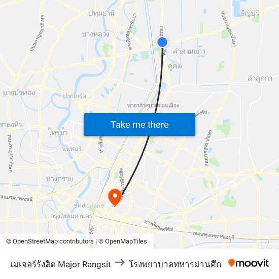 เมเจอร์รังสิต Major Rangsit to โรงพยาบาล​ทหารผ่านศึก​ map