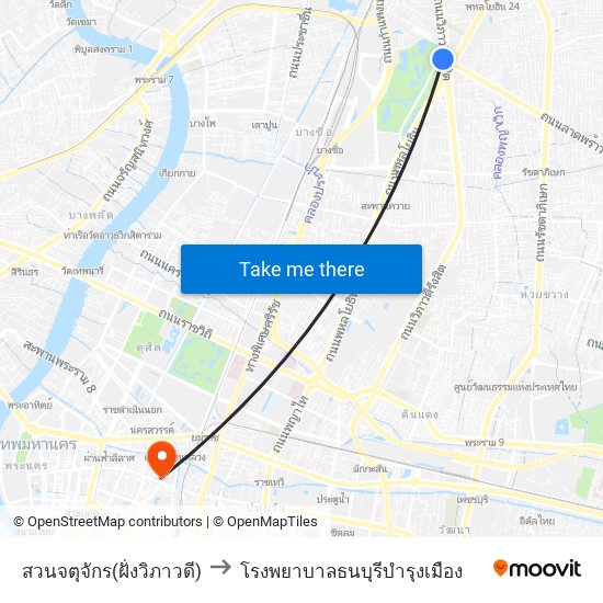 สวนจตุจักร(ฝั่งวิภาวดี) to โรงพยาบาลธนบุรีบำรุงเมือง map