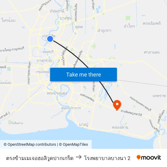 ตรงข้ามเมเจอฮอลิวูดปากเกร็ด to โรงพยาบาลบางนา 2 map