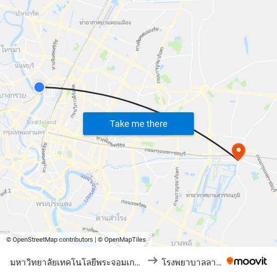 มหาวิทยาลัยเทคโนโลยีพระจอมเกล้าพระนครเหนือ to โรงพยาบาลลาดกระบัง map