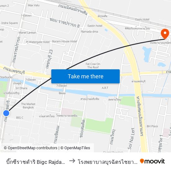 บิ๊กซีราชดำริ Bigc Rajdamri to โรงพยาบาลบุรฉัตรไชยากร map