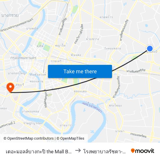 เดอะมอลล์บางกะปิ the Mall Bangkapi to โรงพยาบาลรัชดา-ท่าพระ map