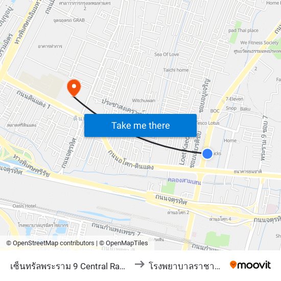 เซ็นทรัลพระราม 9 Central Rama 9 to โรงพยาบาลราชานุกูล map