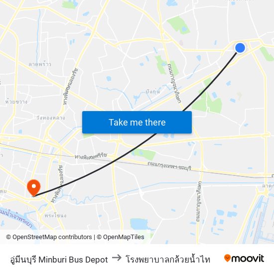 อู่มีนบุรี Minburi Bus Depot to โรงพยาบาลกล้วยน้ำไท map