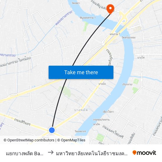 แยกบางพลัด Bangplad Junction to มหาวิทยาลัยเทคโนโลยีราชมงคลพระนคร ศูนย์พระนครเหนือ map