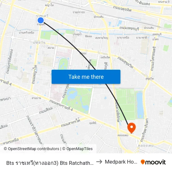 BTS Ratchathewi (Exit 3) to Medpark Hospital map