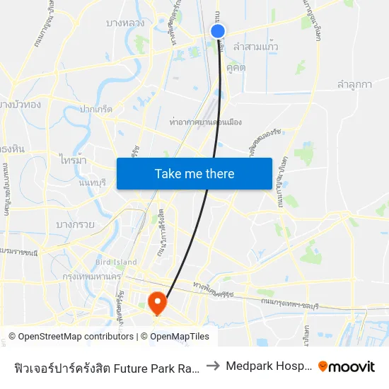 ฟิวเจอร์ปาร์ครังสิต Future Park Rangsit to Medpark Hospital map