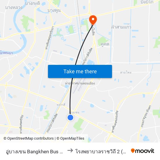 อู่บางเขน Bangkhen Bus Depot to โรงพยาบาลราชวิถี 2 (รังสิต) map