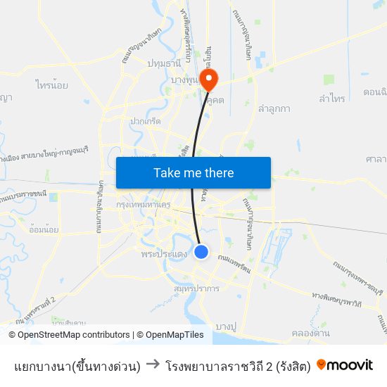 แยกบางนา(ขึ้นทางด่วน) to โรงพยาบาลราชวิถี 2 (รังสิต) map