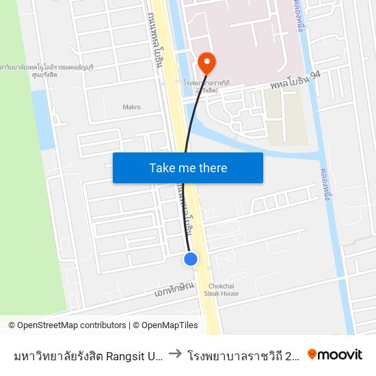 มหาวิทยาลัยรังสิต Rangsit University to โรงพยาบาลราชวิถี 2 (รังสิต) map