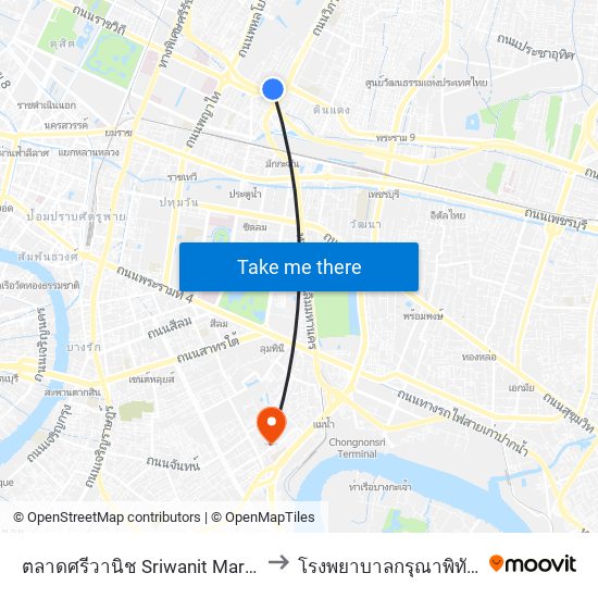 ตลาดศรีวานิช Sriwanit Market to โรงพยาบาลกรุณาพิทักษ์ map