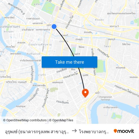 อุรุพงษ์ (ธนาคารกรุงเทพ สาขาอุรุพงษ์) Urupong to โรงพยาบาลกรุณาพิทักษ์ map