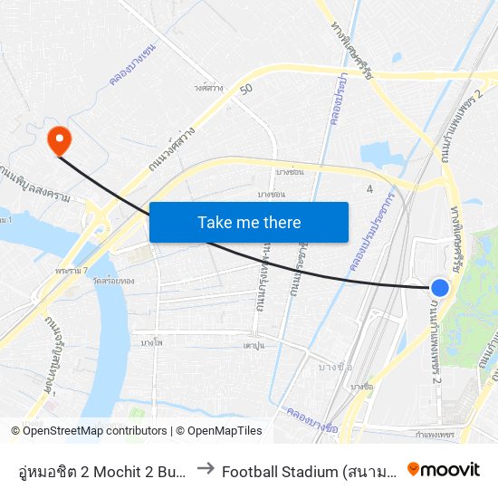 อู่หมอชิต 2 Mochit 2 Bus Depot to Football Stadium (สนามฟุตบอล) map