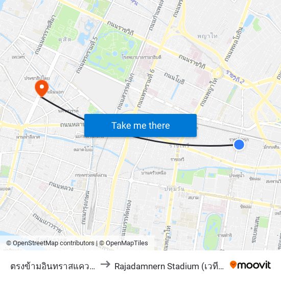 ตรงข้ามอินทราสแควร์ประตูน้ำ to Rajadamnern Stadium (เวทีราชดำเนิน) map