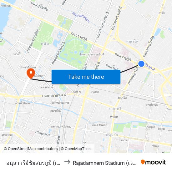 อนุสาวรีย์ชัยสมรภูมิ (เกาะดินแดง) to Rajadamnern Stadium (เวทีราชดำเนิน) map