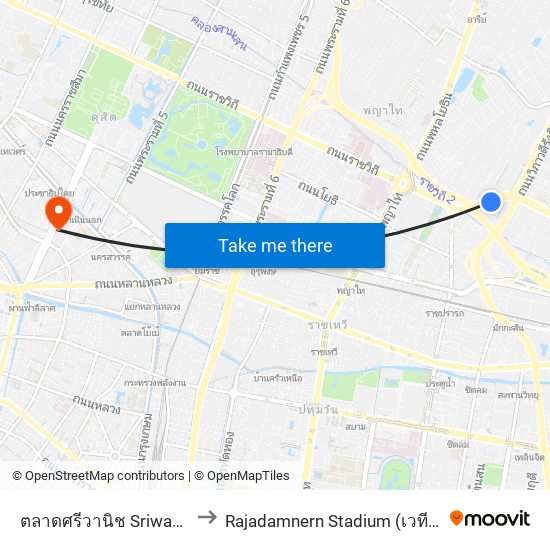 ตลาดศรีวานิช Sriwanit Market to Rajadamnern Stadium (เวทีราชดำเนิน) map