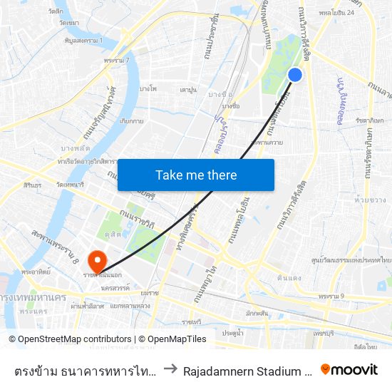 ตรงข้าม ธนาคารทหารไทย (สำนักงานใหญ่) to Rajadamnern Stadium (เวทีราชดำเนิน) map