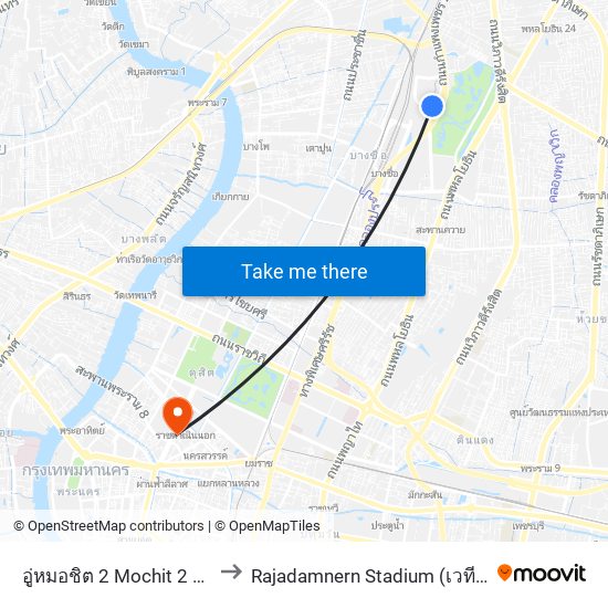 อู่หมอชิต 2 Mochit 2 Bus Depot to Rajadamnern Stadium (เวทีราชดำเนิน) map