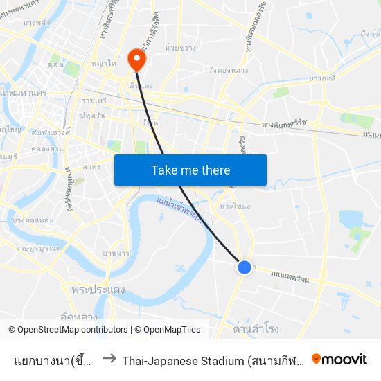 แยกบางนา(ขึ้นทางด่วน) to Thai-Japanese Stadium (สนามกีฬาไทย-ญี่ปุ่น ดินแดง) map